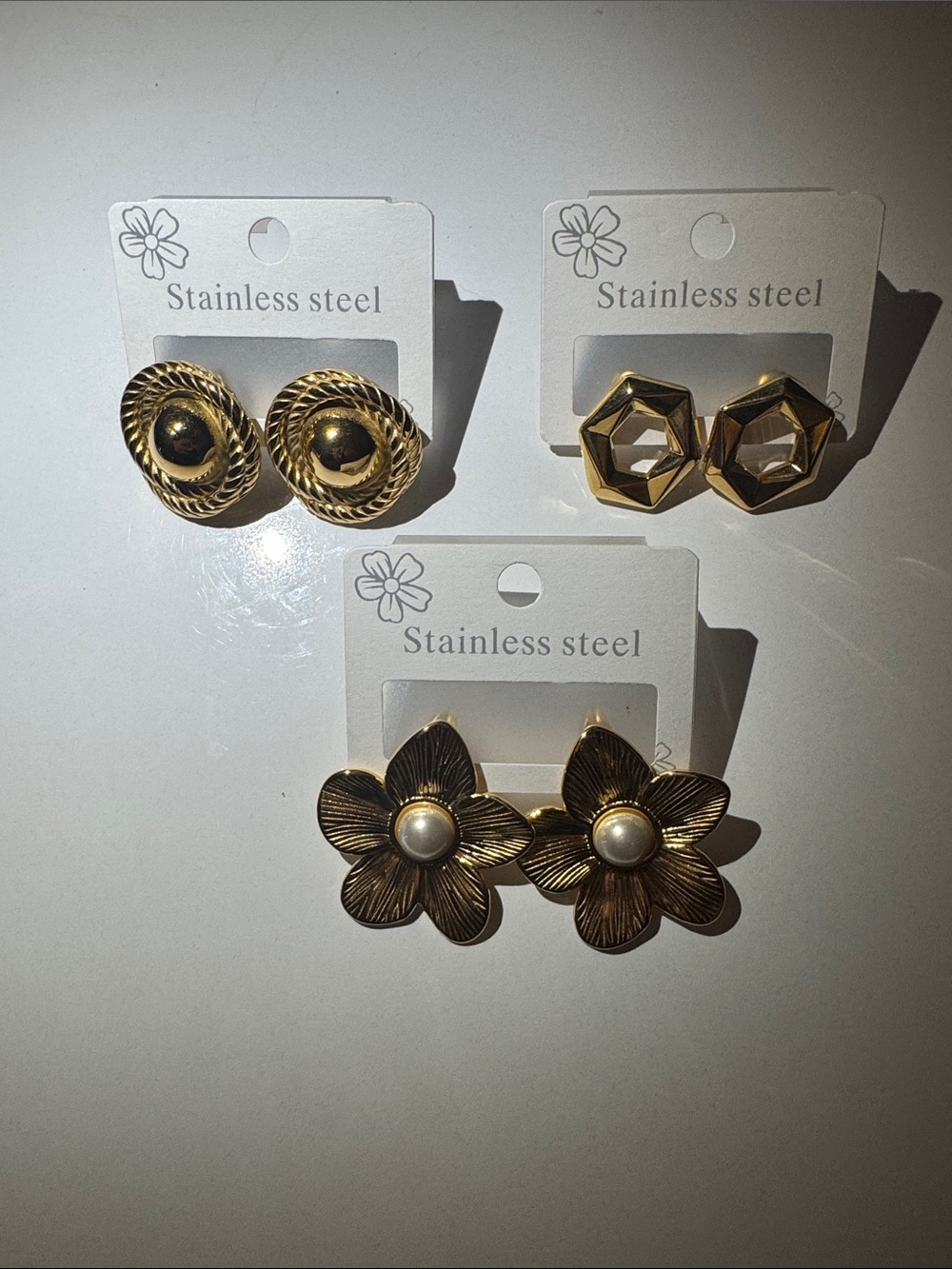 Stainless Steel Gold Flower Pearl Stud Earrings - Pack of 3